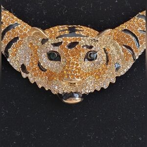 Gold Tone Rhinestone Tiger Necklace & Earring Set Statement